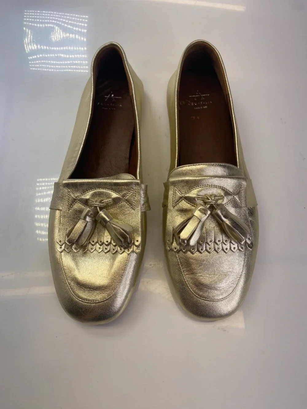 Aquatalia Quinna Metallic Weatherproof Womens Golden Leather Loafer Flat Sz 8